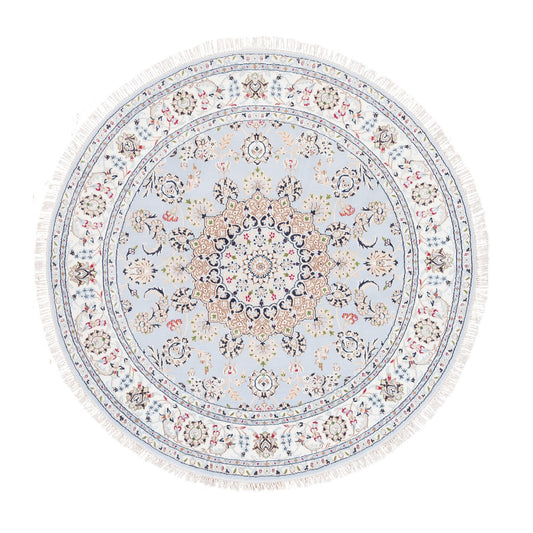 Fine Oriental Wool Hand Knotted Rug Blue Ivory 6.1X6.1 -O062814