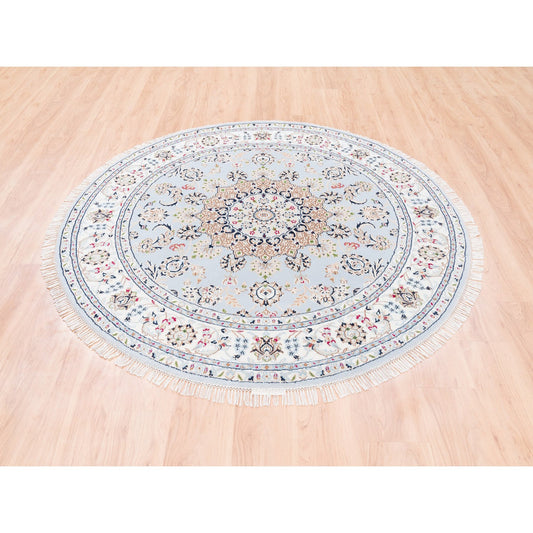 Fine Oriental Wool Hand Knotted Rug Blue Ivory 6.1X6.1 -O062814