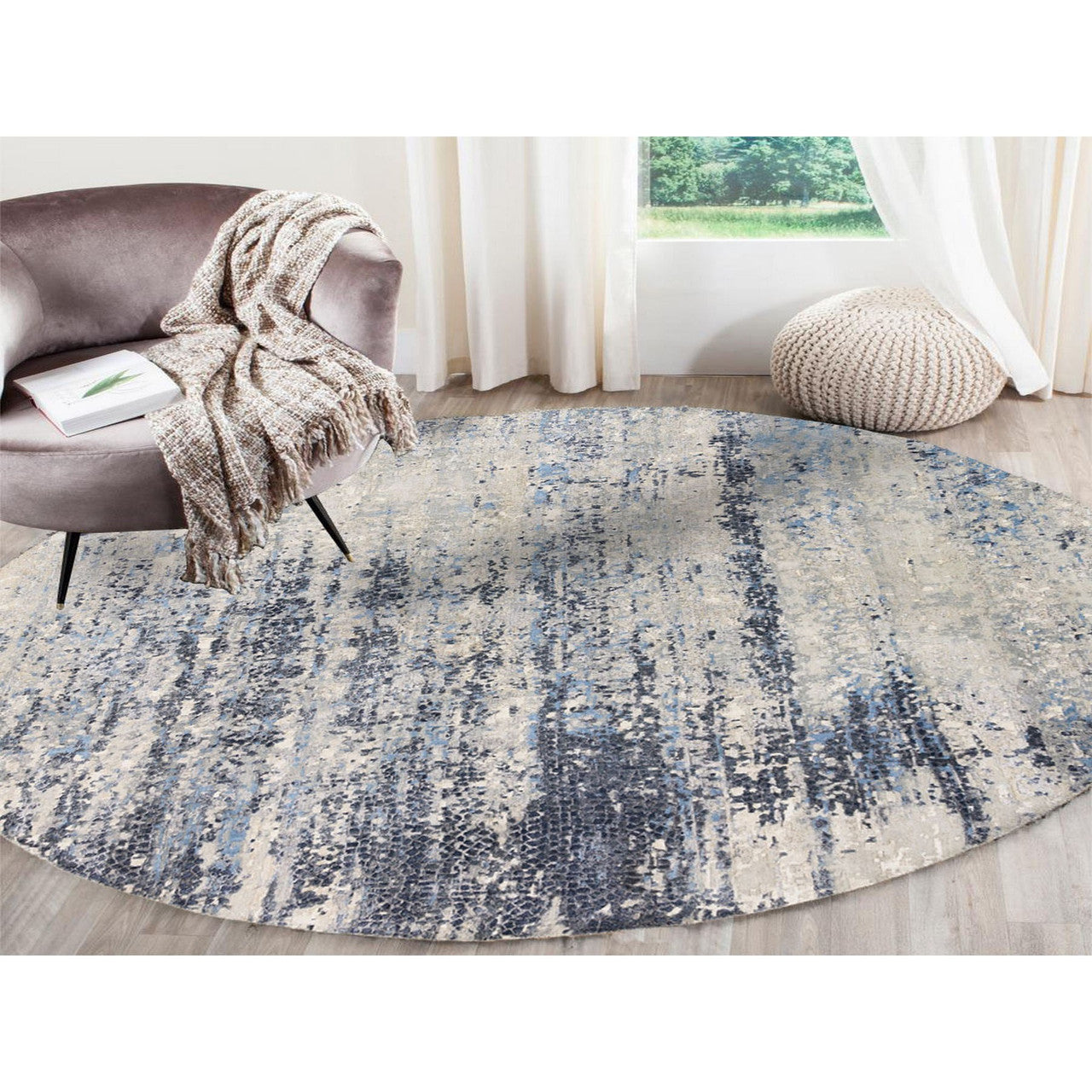 Modern and Contemporary Wool & Silk Hand Knotted Rug Blue No Border 9.10X10.0 -O062871
