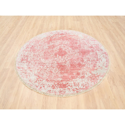 Transitional Wool & Pure Silk Hand Knotted Rug Pink No Border 5.10X6.0 -O062875