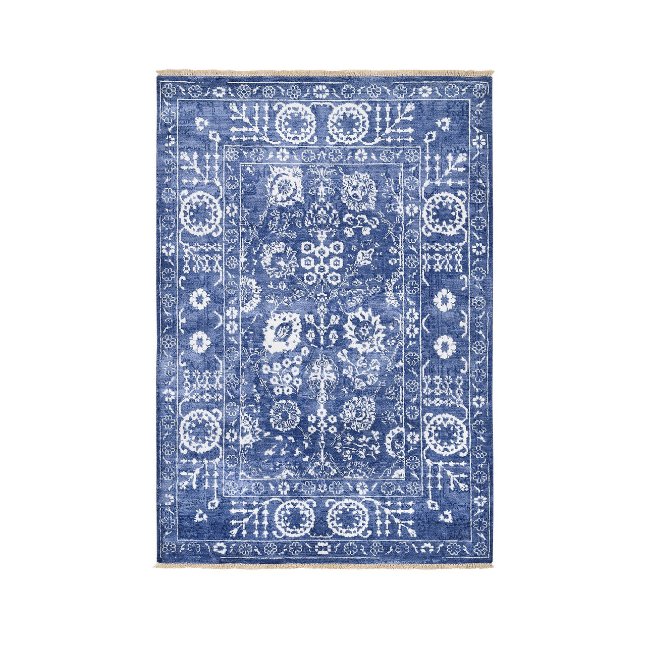 Transitional Wool & Silk Hand Knotted Rug Blue Denim Blue 4.1X6.1 -O062962