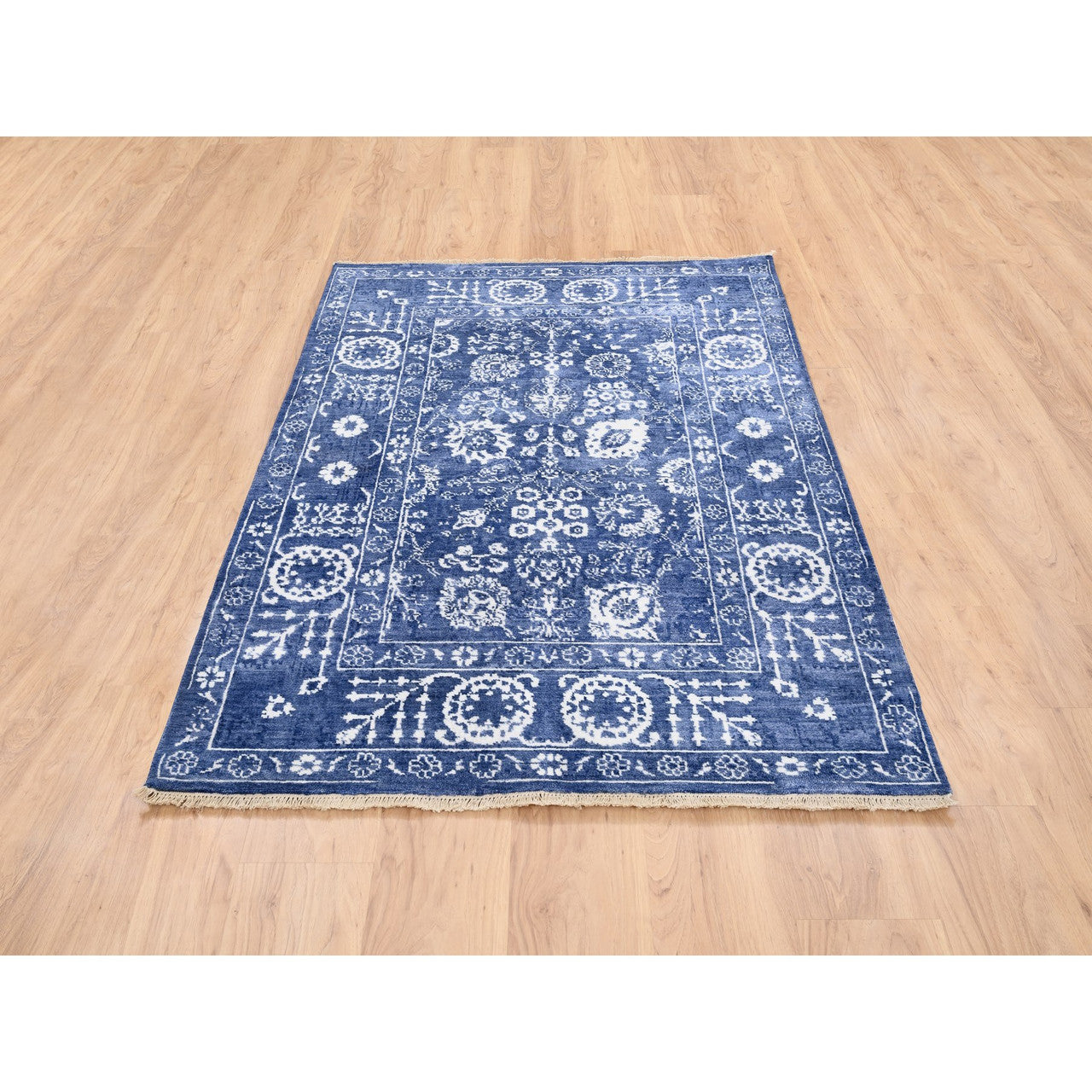 Transitional Wool & Silk Hand Knotted Rug Blue Denim Blue 4.1X6.1 -O062962