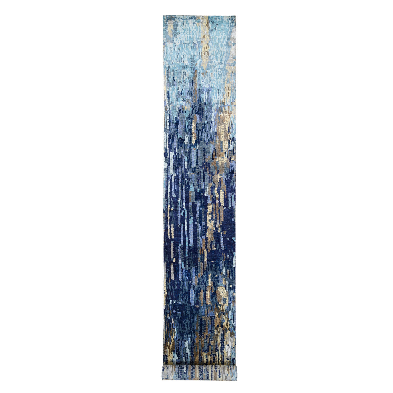 Blue 2'7" x 19'7" Modern and Contemporary Hand knotted Wool/Silk Rug - Sku: O063058