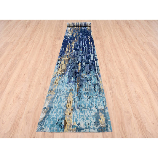 Modern and Contemporary Wool & Silk Hand Knotted Rug Blue No Border 2.7X19.7 -O063058