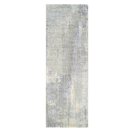 Modern and Contemporary Wool & Silk Hand Knotted Rug Grey No Border 4.0X12.0 -O063061