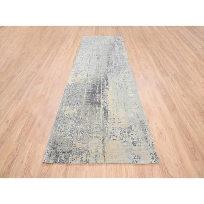 Modern and Contemporary Wool & Silk Hand Knotted Rug Grey No Border 4.0X12.0 -O063061