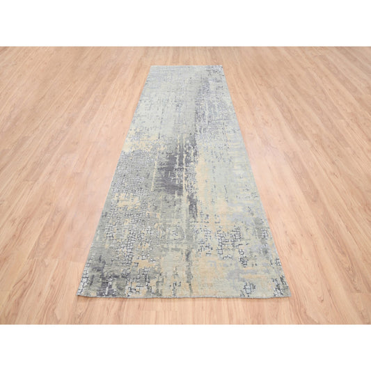 Modern and Contemporary Wool & Silk Hand Knotted Rug Grey No Border 4.0X12.0 -O063061