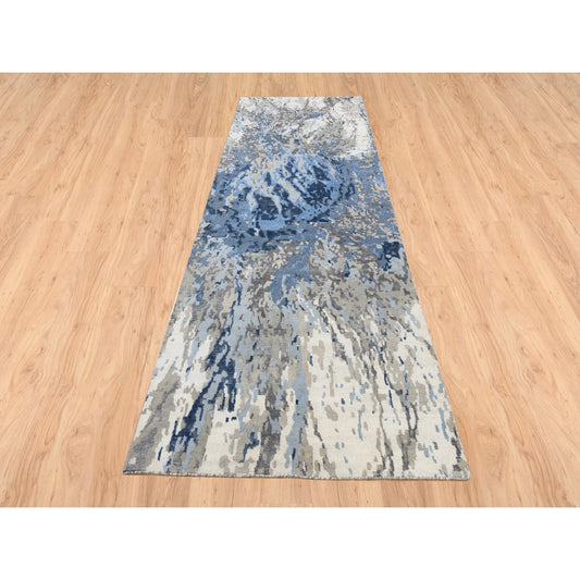 Modern and Contemporary Wool & Silk Hand Knotted Rug Ivory No Border 4.0X11.9 -O063182