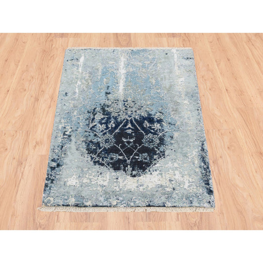 Transitional Wool & Silk Hand Knotted Rug Blue No Border 2.1X3.1 -O063188