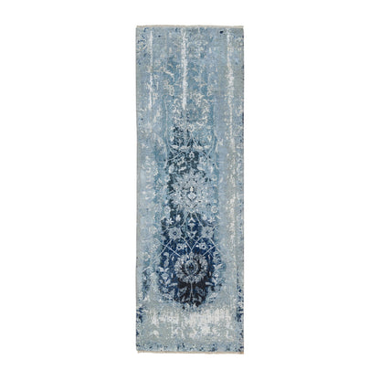 Transitional Wool & Silk Hand Knotted Rug Blue No Border 2.7X8.0 -O063191