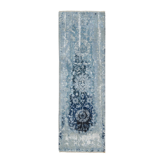 Transitional Wool & Silk Hand Knotted Rug Blue No Border 2.7X8.0 -O063191