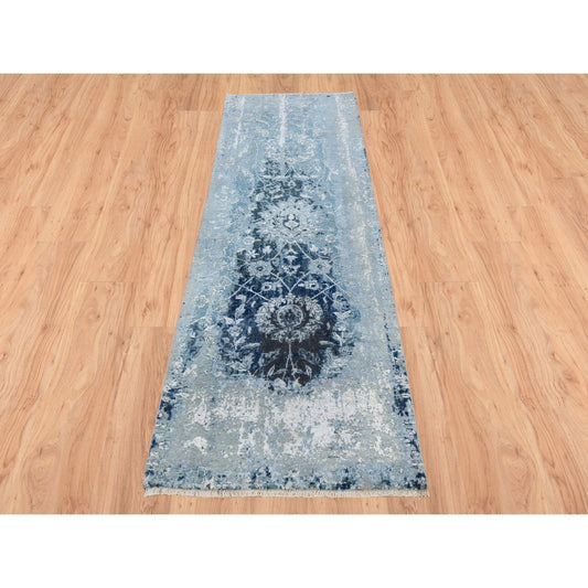 Transitional Wool & Silk Hand Knotted Rug Blue No Border 2.7X8.0 -O063191