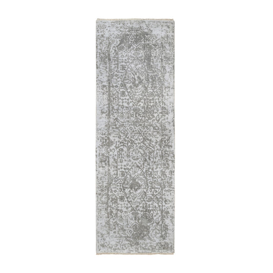 Transitional Wool & Silk Hand Knotted Rug Grey No Border 2.7X7.9 -O063196