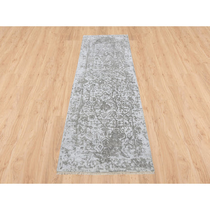 Transitional Wool & Silk Hand Knotted Rug Grey No Border 2.7X7.9 -O063196
