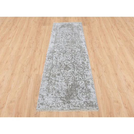 Transitional Wool & Silk Hand Knotted Rug Grey No Border 2.7X7.9 -O063196
