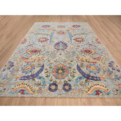 Transitional Wool & Silk Hand Knotted Rug Beige No Border 9.1X12.4 -O063199