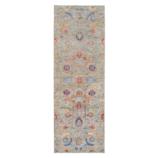 Transitional Wool & Silk Hand Knotted Rug Beige No Border 4.1X12.2 -O063215