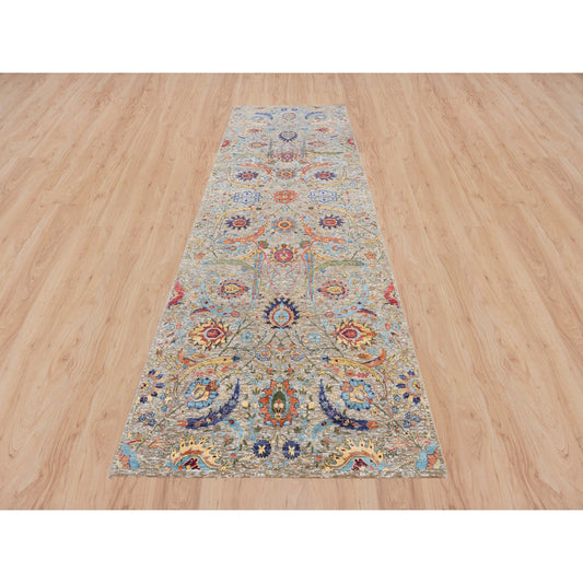 Transitional Wool & Silk Hand Knotted Rug Beige No Border 4.1X12.2 -O063215