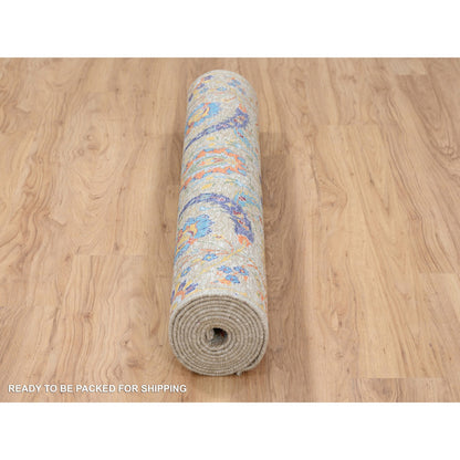 Transitional Wool & Silk Hand Knotted Rug Beige No Border 4.1X12.2 -O063215