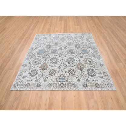 Transitional Wool & Silk Hand Knotted Rug Ivory No Border 6.0X6.2 -O063239