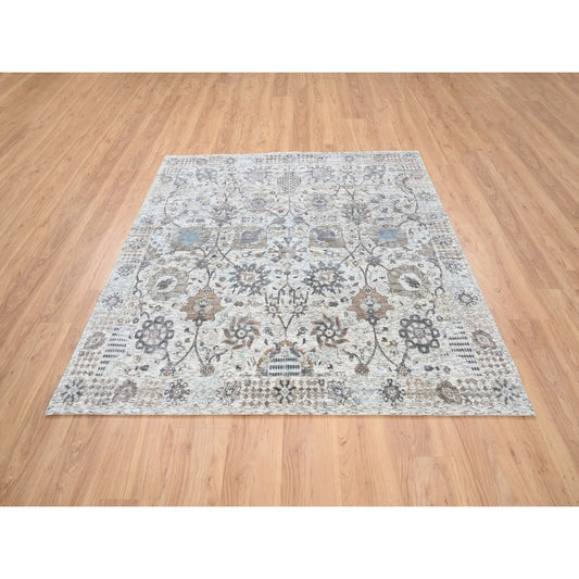 Transitional Wool & Silk Hand Knotted Rug Ivory No Border 6.0X6.2 -O063239