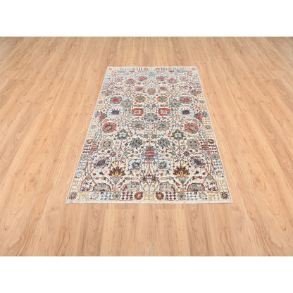 Transitional Wool & Silk Hand Knotted Rug Ivory No Border 4.2X6.1 -O063244