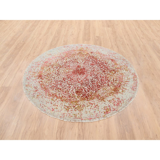 Modern and Contemporary Wool & Silk Hand Knotted Rug Ivory No Border 5.0X5.0 -O063261