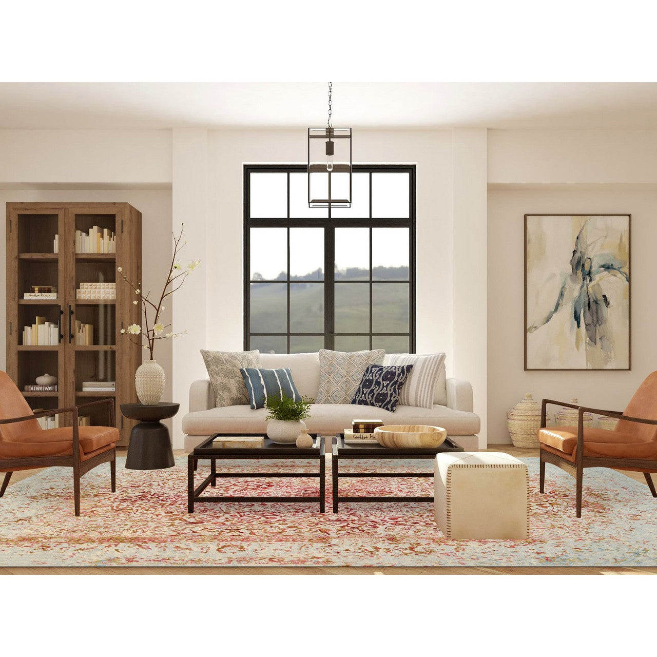 Modern and Contemporary Wool & Silk Hand Knotted Rug Ivory No Border 10.0X14.0 -O063271