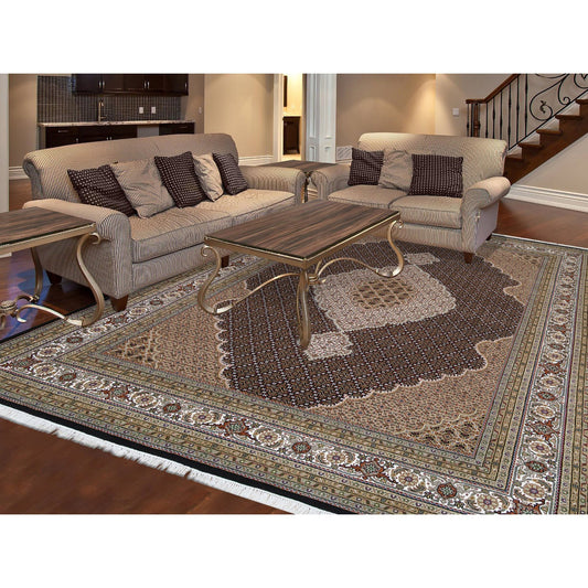 Fine Oriental Wool Hand Knotted Rug Black Ivory 8.6X12.2 -O063308