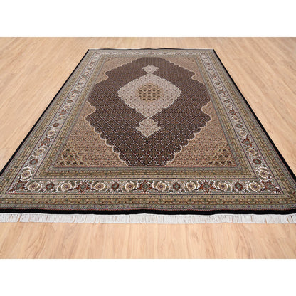 Fine Oriental Wool Hand Knotted Rug Black Ivory 8.6X12.2 -O063308