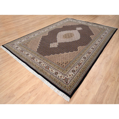 Fine Oriental Wool Hand Knotted Rug Black Ivory 8.6X12.2 -O063308