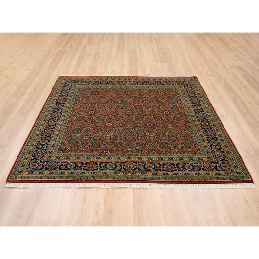 Fine Oriental Wool Hand Knotted Rug Red Midnight Blue 6.1X6.1 -O063319
