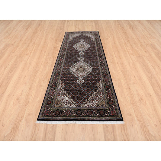 Fine Oriental Wool Hand Knotted Rug Black Black 3.10X10.4 -O063320