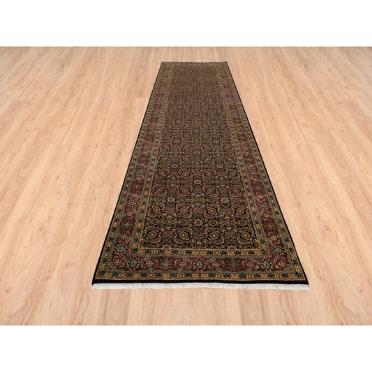 Fine Oriental Wool Hand Knotted Rug Black Rust Red 4.0X14.3 -O063341