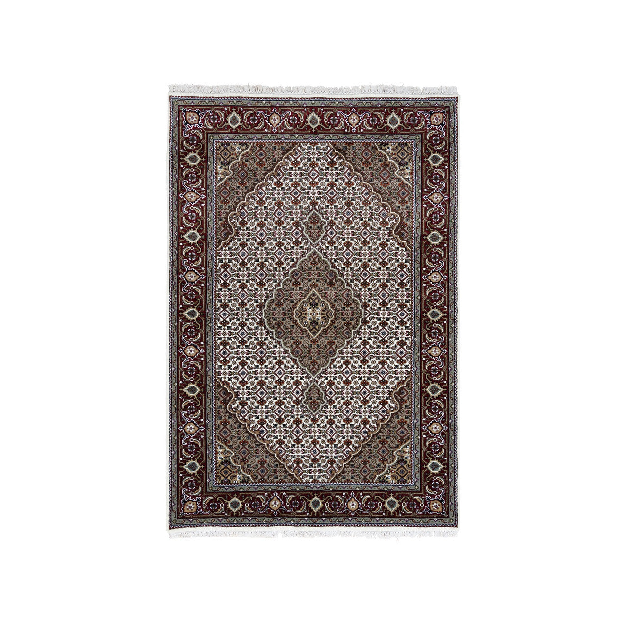 Fine Oriental Wool & Silk Hand Knotted Rug Ivory Red 4.1X6.2 -O063344