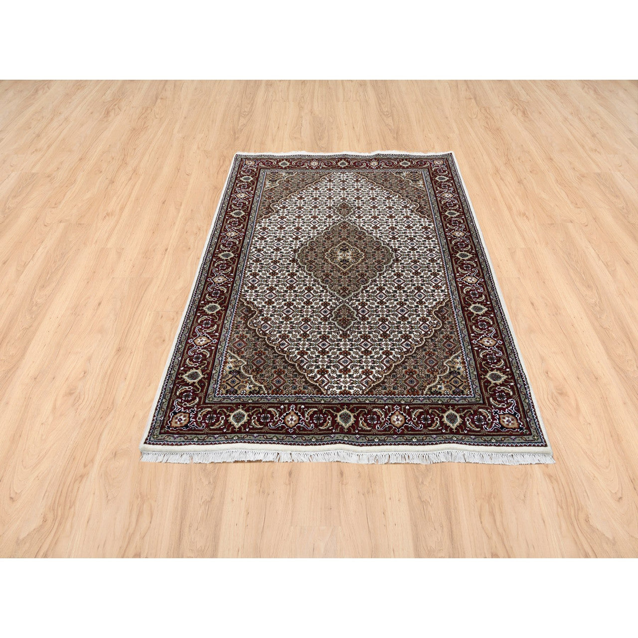 Fine Oriental Wool & Silk Hand Knotted Rug Ivory Red 4.1X6.2 -O063344