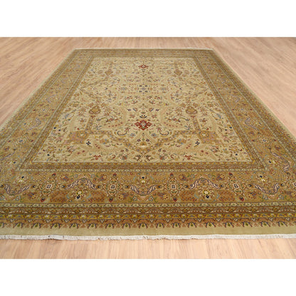 Fine Oriental Wool & Silk Hand Knotted Rug Beige Light Brown 12.0X14.10 -O063354
