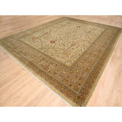 Fine Oriental Wool & Silk Hand Knotted Rug Beige Light Brown 12.0X14.10 -O063354