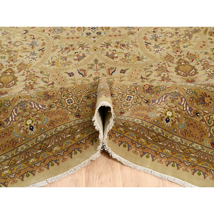 Fine Oriental Wool & Silk Hand Knotted Rug Beige Light Brown 12.0X14.10 -O063354