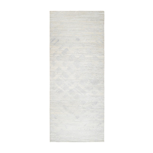 Modern and Contemporary Wool Hand Knotted Rug Ivory No Border 4.1X10.1 -O063377