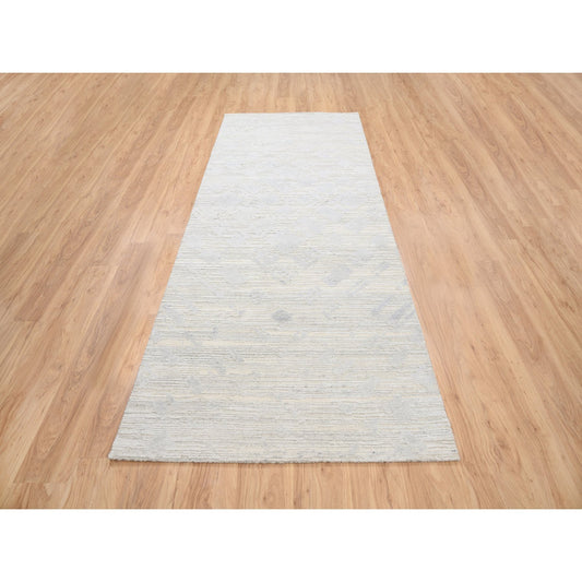 Modern and Contemporary Wool Hand Knotted Rug Ivory No Border 4.1X10.1 -O063377