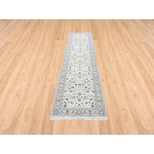 Fine Oriental Wool Hand Knotted Rug Ivory Blue 2.8X10.1 -O063452