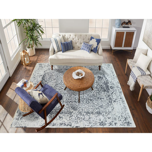 Transitional Wool & Silk Hand Knotted Rug Grey No Border 8.0X8.0 -O063455