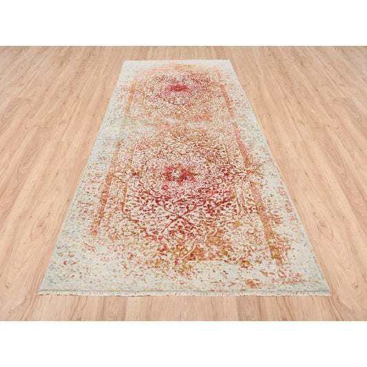 Modern and Contemporary Wool & Silk Hand Knotted Rug Pink No Border 4.0X11.9 -O063466