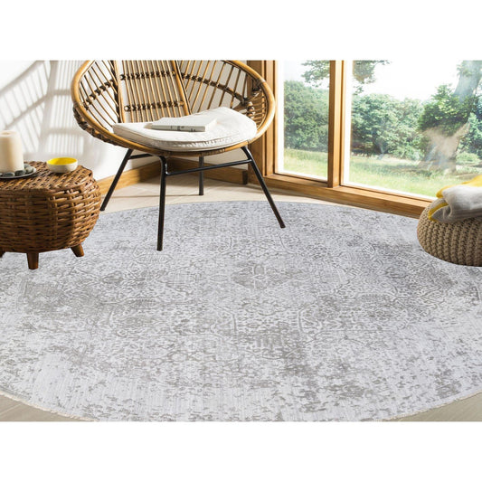 Transitional Wool & Silk Hand Knotted Rug Grey No Border 11.9X11.9 -O063477