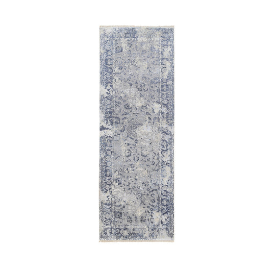 Transitional Wool & Silk Hand Knotted Rug Grey Blue 2.8X7.8 -O063496
