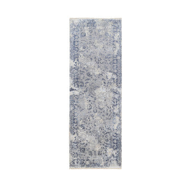 Transitional Wool & Silk Hand Knotted Rug Grey Blue 2.8X7.8 -O063496