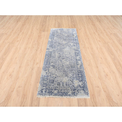 Transitional Wool & Silk Hand Knotted Rug Grey Blue 2.8X7.8 -O063496