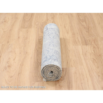 Transitional Wool & Silk Hand Knotted Rug Grey Blue 2.8X7.8 -O063496