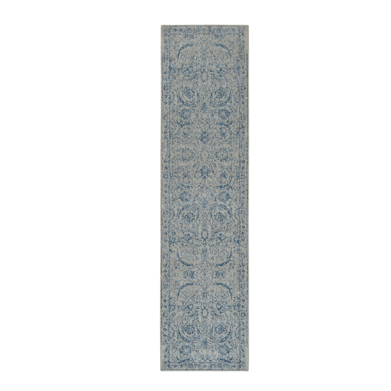 Blue 2'6" x 10'0" Transitional Handloom Wool/Silk Rug - Sku: O063511